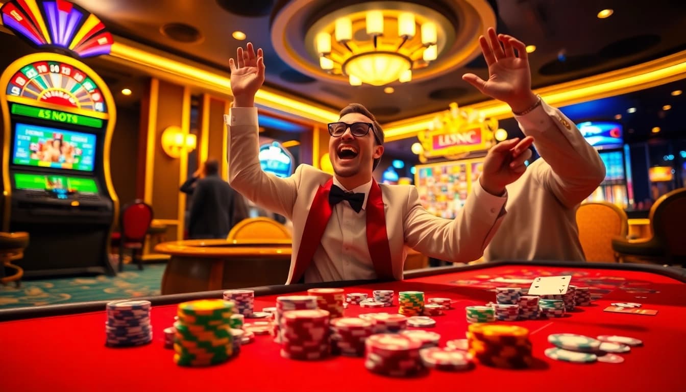 Player celebrating a win at LC 88 casino table with colorful chips and cards.