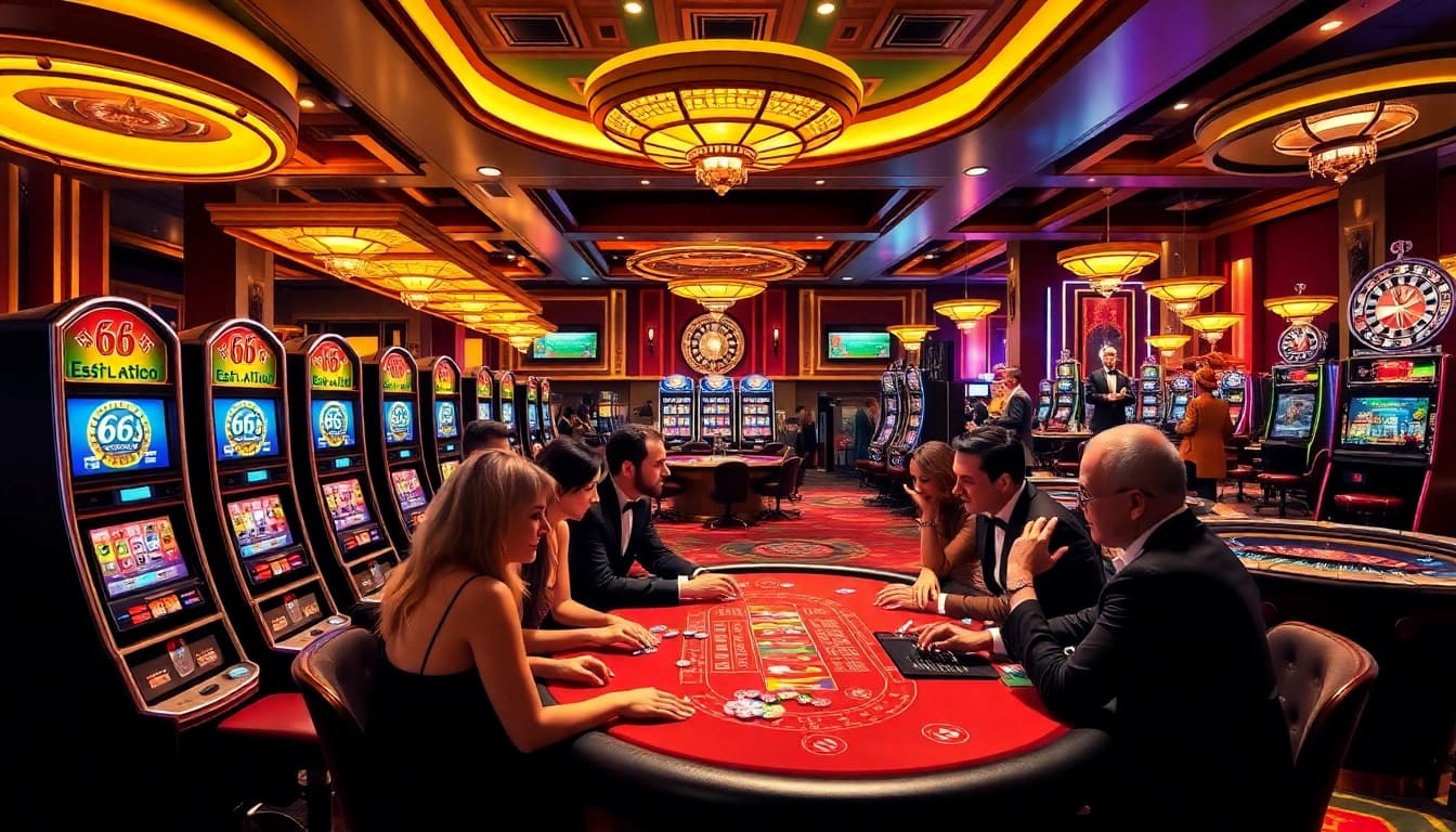 Experience the excitement of 66slots8 com at a lavish casino featuring poker tables and vibrant slot machines.