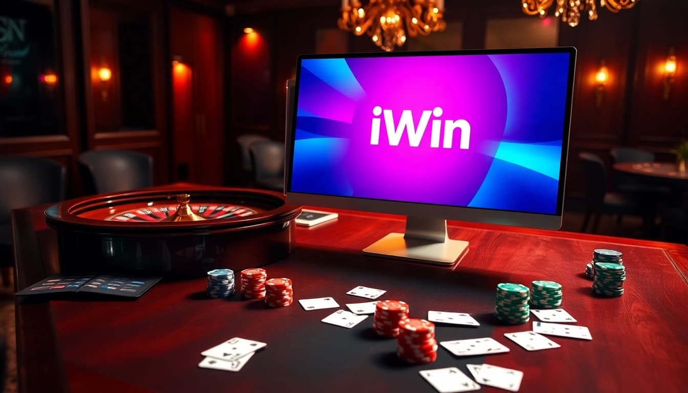 Experience the thrill of online gambling with iWin's vibrant casino scene featuring poker chips and a roulette wheel.