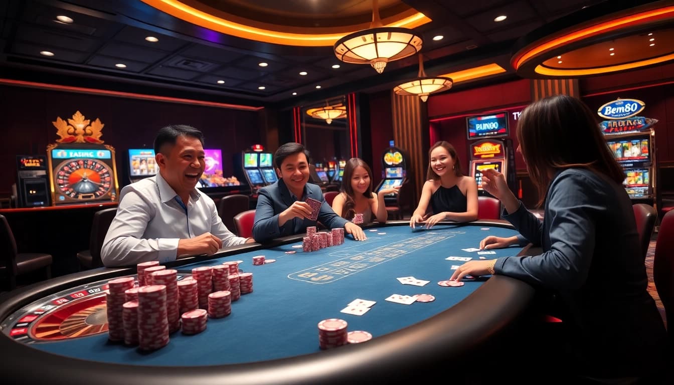 A thrilling casino scene where players celebrate wins at Bem88's poker table surrounded by vibrant lights and roulette excitement.