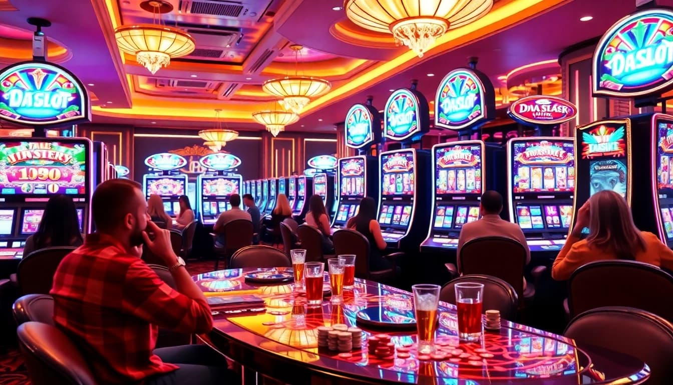 Exciting scene at a casino with players enjoying the doaslot slot game amidst vibrant lighting and luxurious decor.