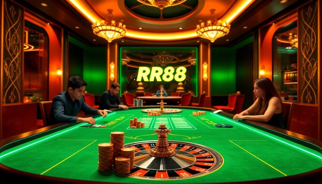 Experience RR88 Đăng nhập with an engaging online gambling interface featuring a poker table and roulette wheel.