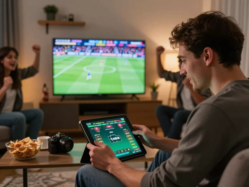 Engaged in sports betting on tablet, enjoying interactive gambling experience with friends at home.