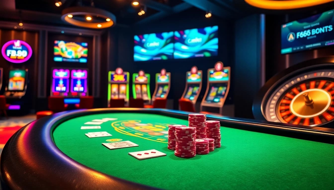 A luxurious game scene at Fb68 casino featuring a blackjack table, slot machines, and a roulette wheel.