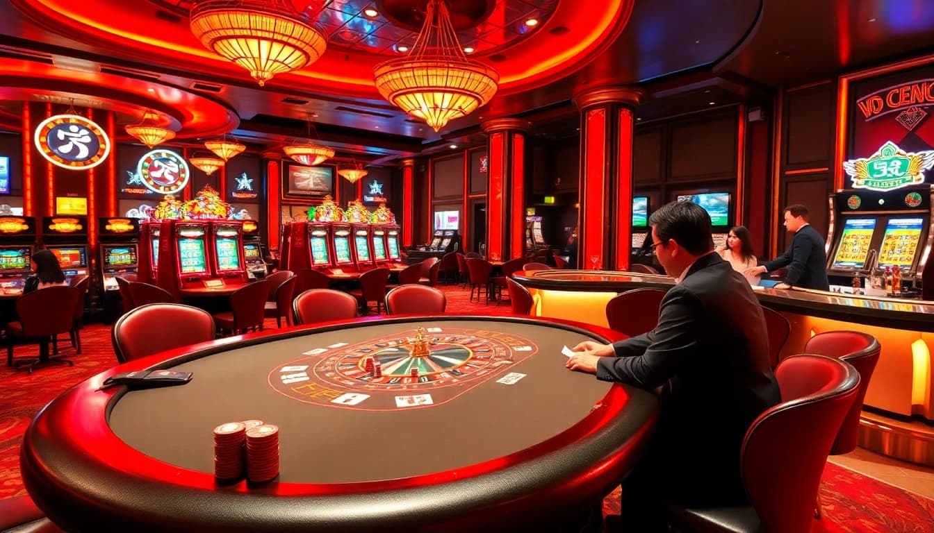 Engaged players enjoy a thrilling game at the bk8thai casino table surrounded by luxury decor.