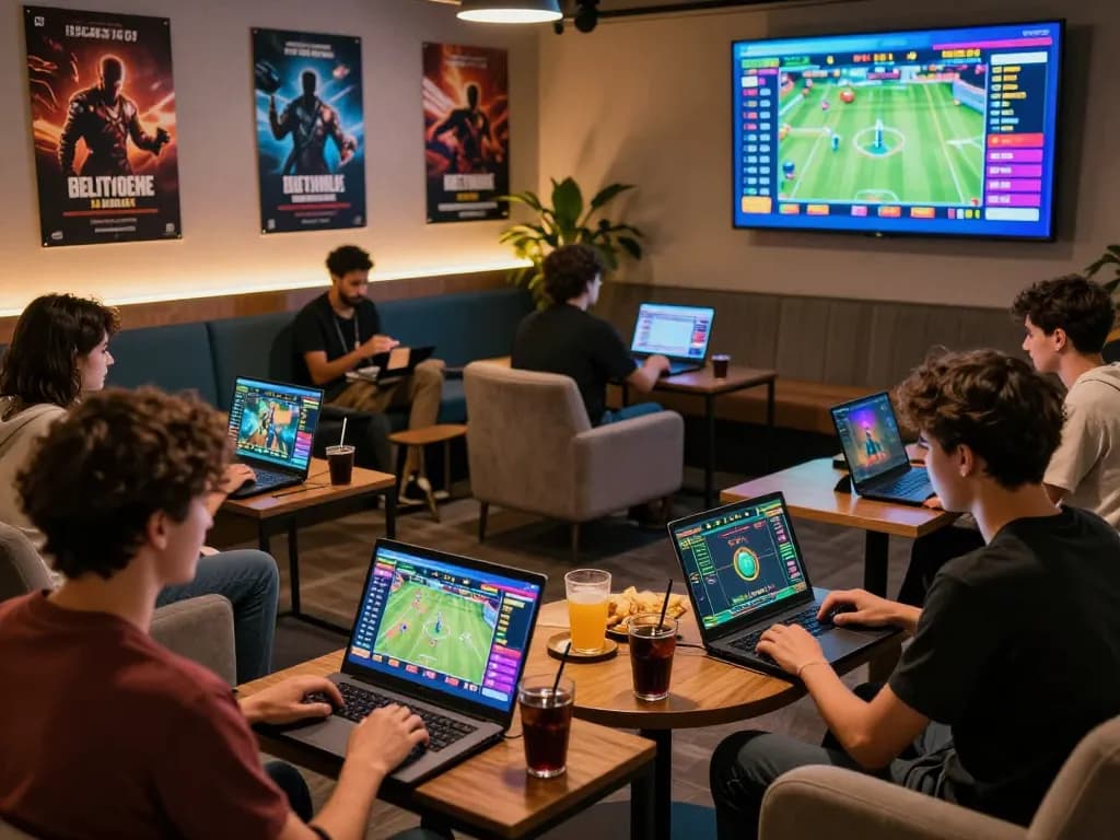 Engaged players exploring tot88 betting options in a lively gaming lounge.