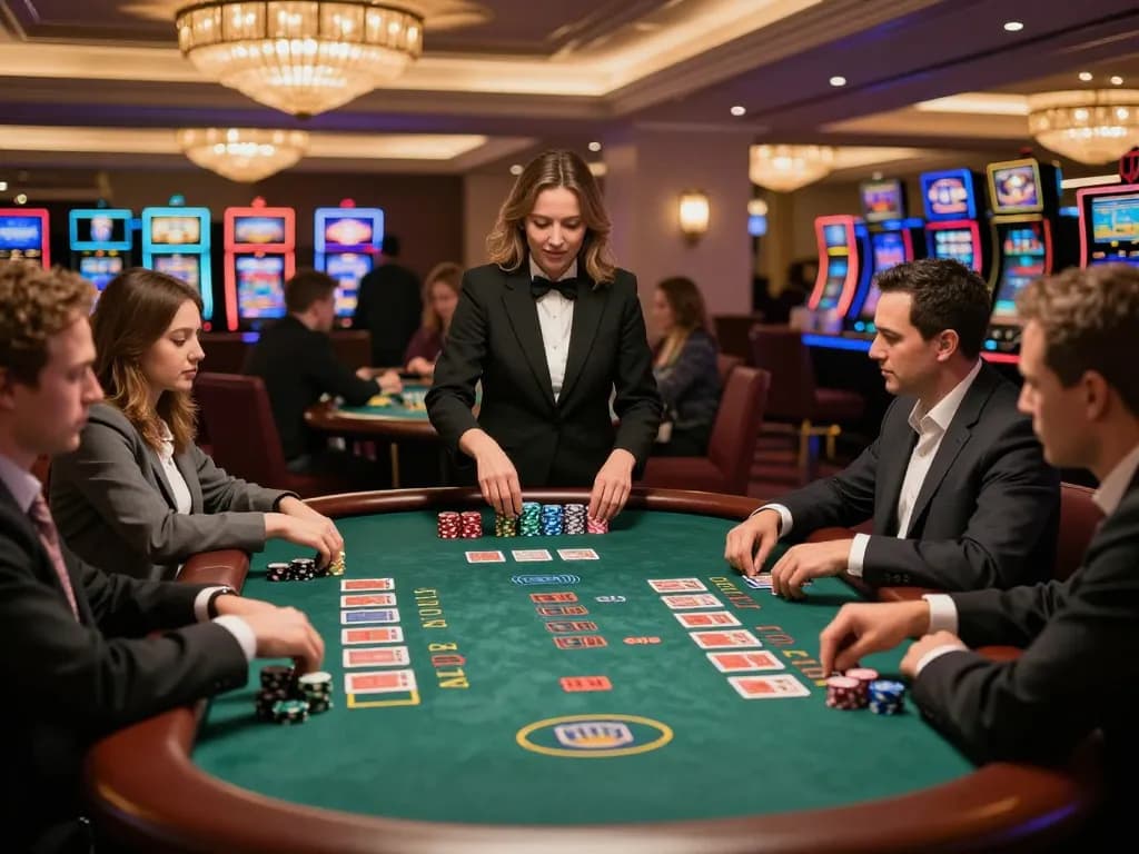 Hit Club players strategizing during an intense blackjack game in a luxurious casino setting.