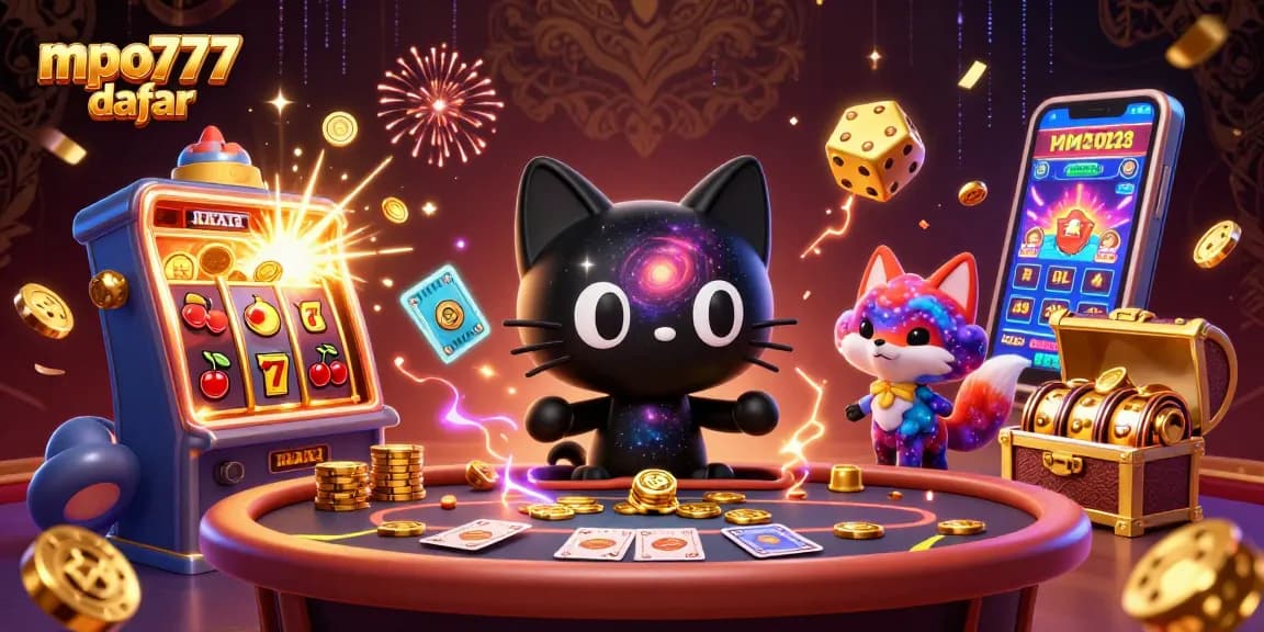 Play casino games at mpo777 daftar with a vibrant cosmic scene featuring a black hole cat and a nebula fox.