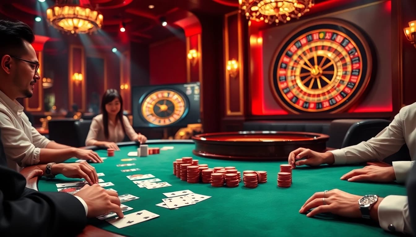 Experience the thrill of high-stakes gaming at https://vj88.online/, featuring a vibrant poker table.