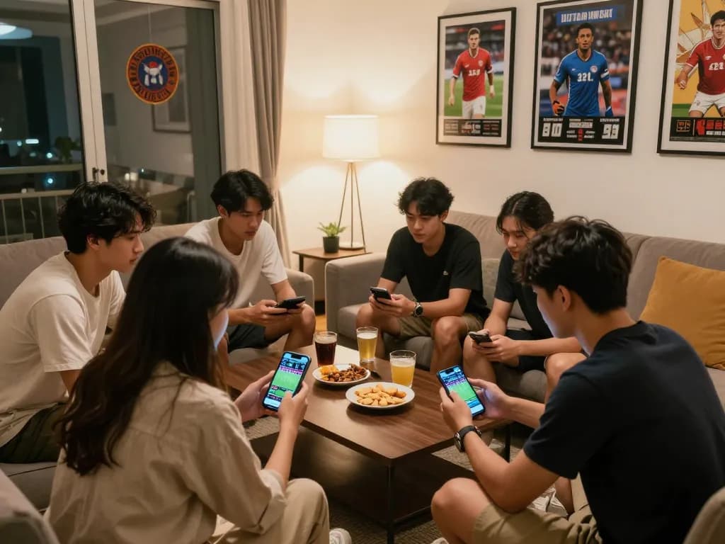 Friends analyzing soi keo nha cai strategies during an exciting sports betting session at home