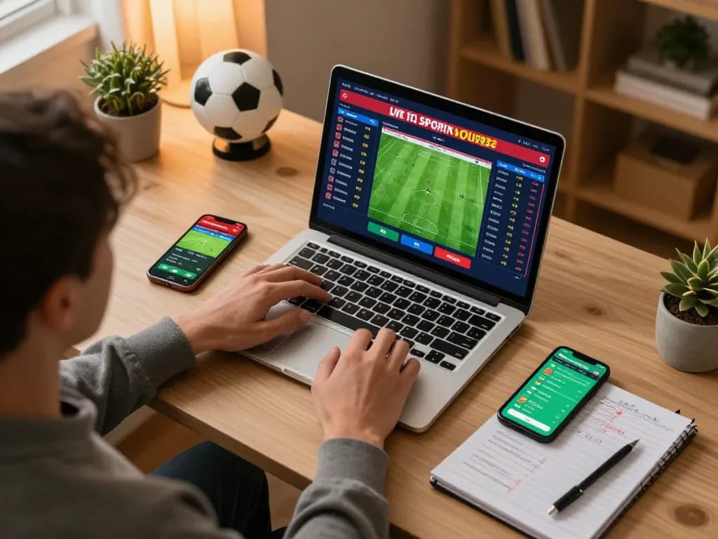 Soi Kèo sports betting setup with a person engaging in live betting on a laptop, showcasing betting strategies.