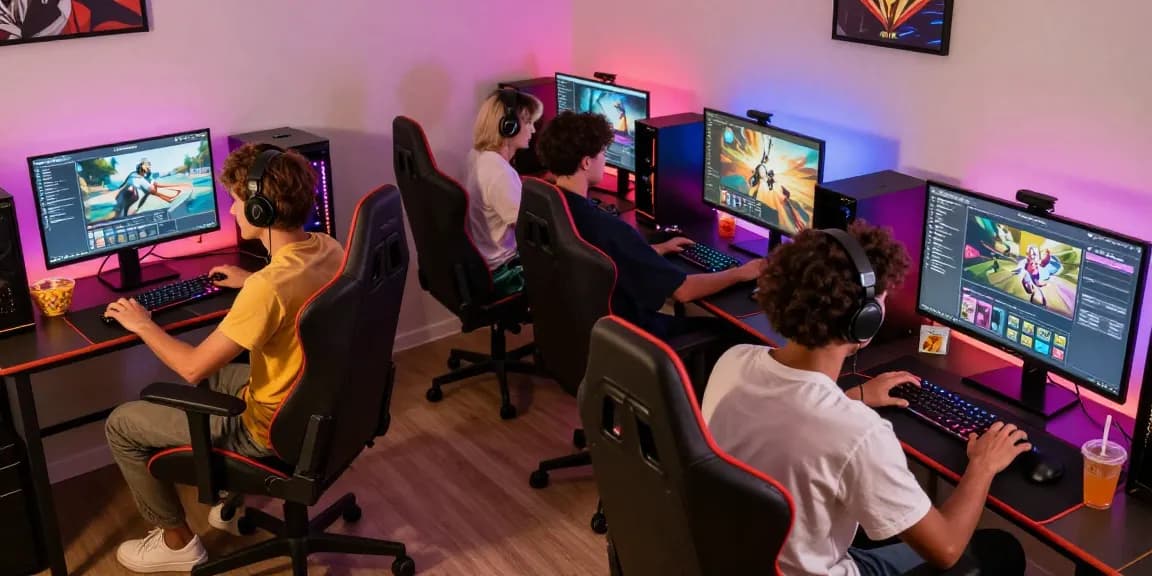 Players enjoying 68gamebai games at home, showcasing excitement and high-tech gaming setups.