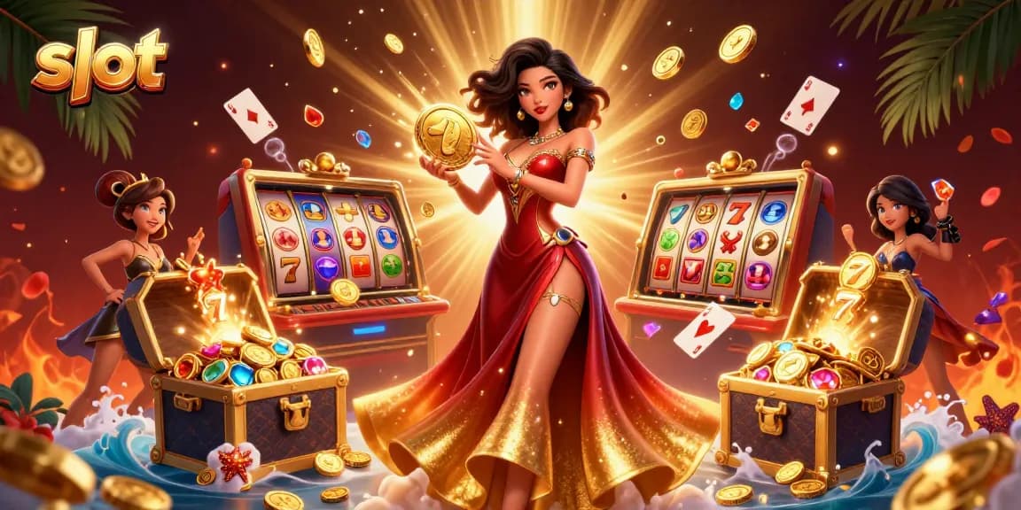 Spin and win big with vibrant slot icons and golden coins raining down in this captivating casino scene.