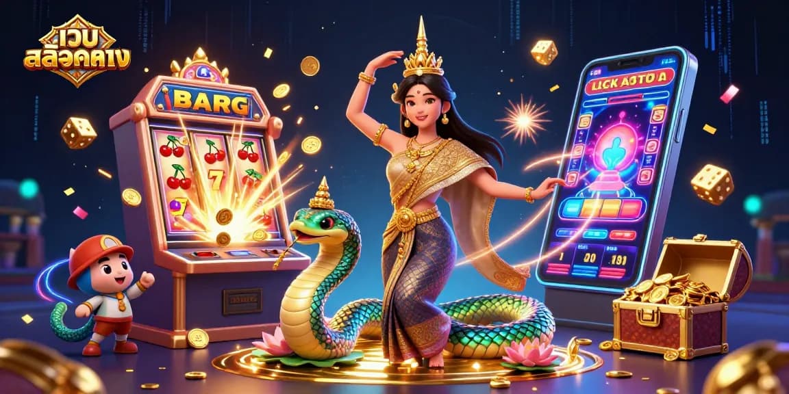 Experience เว็บสล็อตตรง with vibrant casino elements and a stunning Thai dancer illustration
