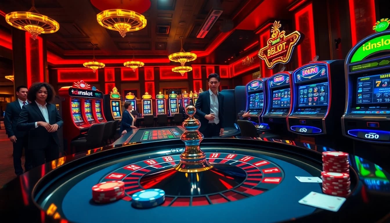 Engaging casino scene showcasing idnslot slot machines and excited players betting.