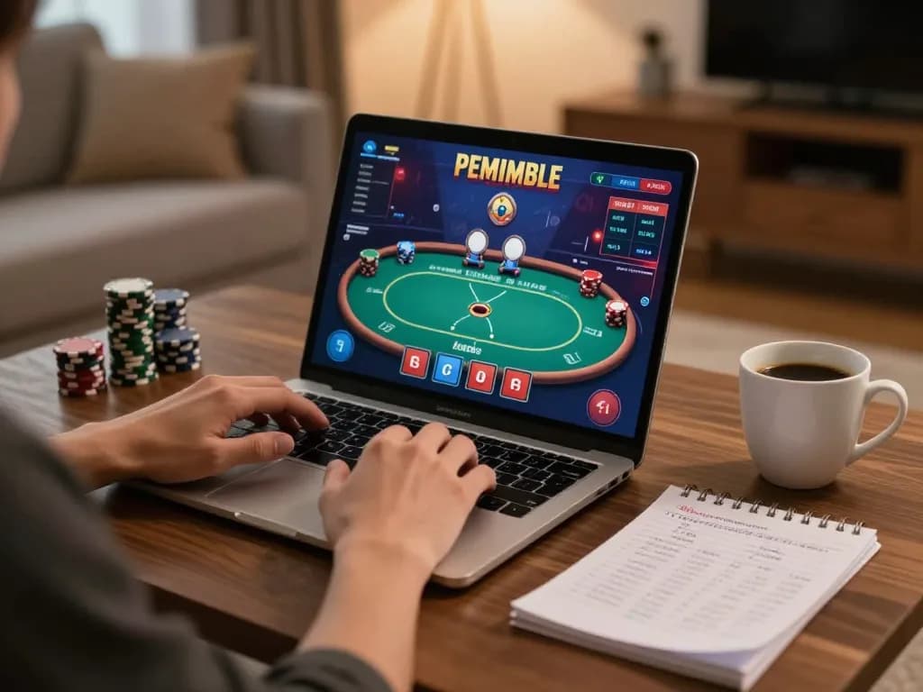 Hands engaging in online poker gameplay on SG777 platform, showcasing strategic notes and cozy environment