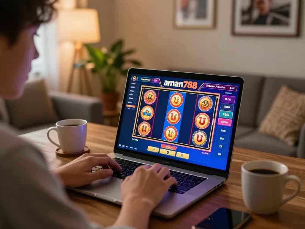 Bermain slot gacor aman788 di laptop di rumah, menampilkan grafik yang cerah dan suasana yang nyaman