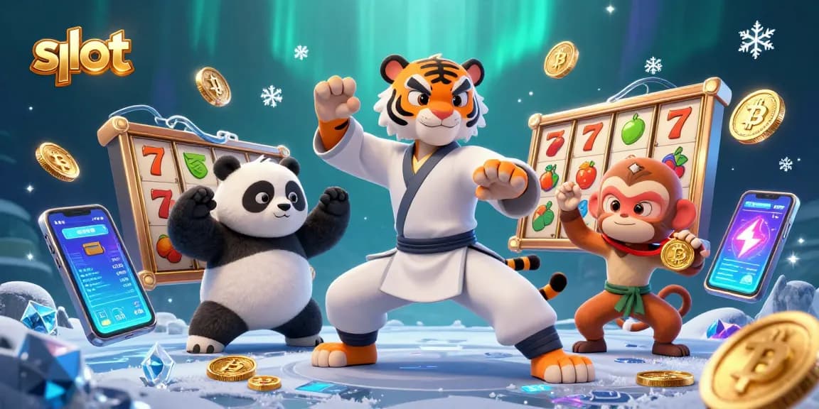 Memenangkan slot dan medali emas, ilustrasi penuh warna dengan karakter kung fu dan elemen permainan