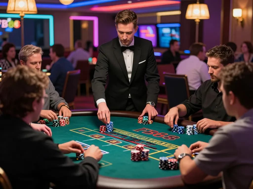 FB88 casino players enjoying a live dealer game, colorful ambient lighting, strategic gameplay atmosphere.