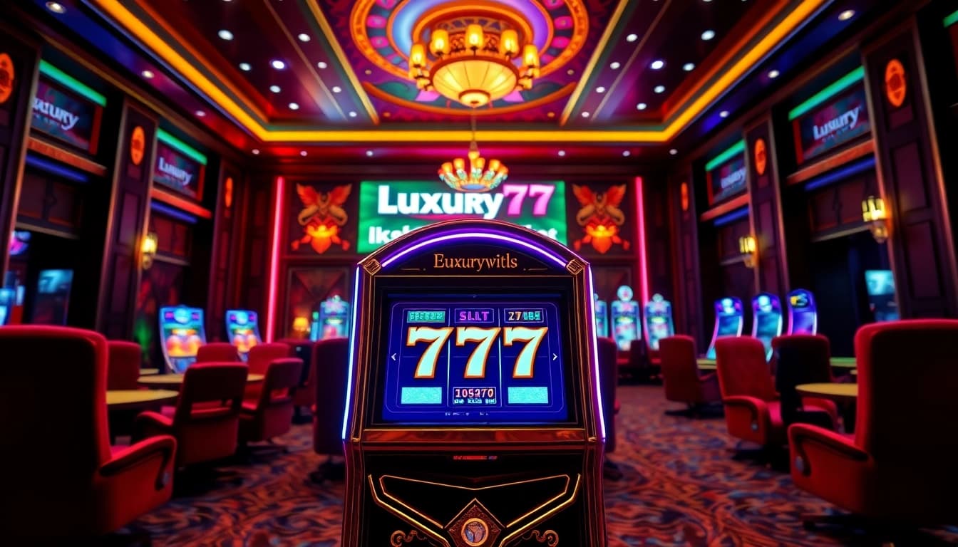 Main focus on luxury777 game slot machine in a vibrant and luxurious casino atmosphere.