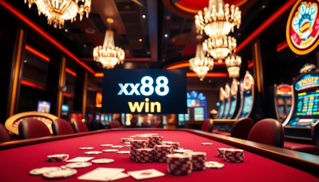 Experience the luxury of xx88 win at a bustling casino table with shining chips and cards.