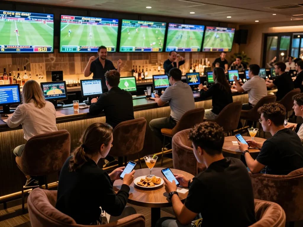 Tỷ lệ kèo nhà cái displayed in an upscale sports betting lounge with excited patrons engaged in gaming.