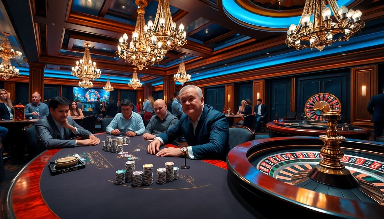Professional gamblers strategizing at a poker table at https://king33.io/, showcasing high-stakes action and luxury.