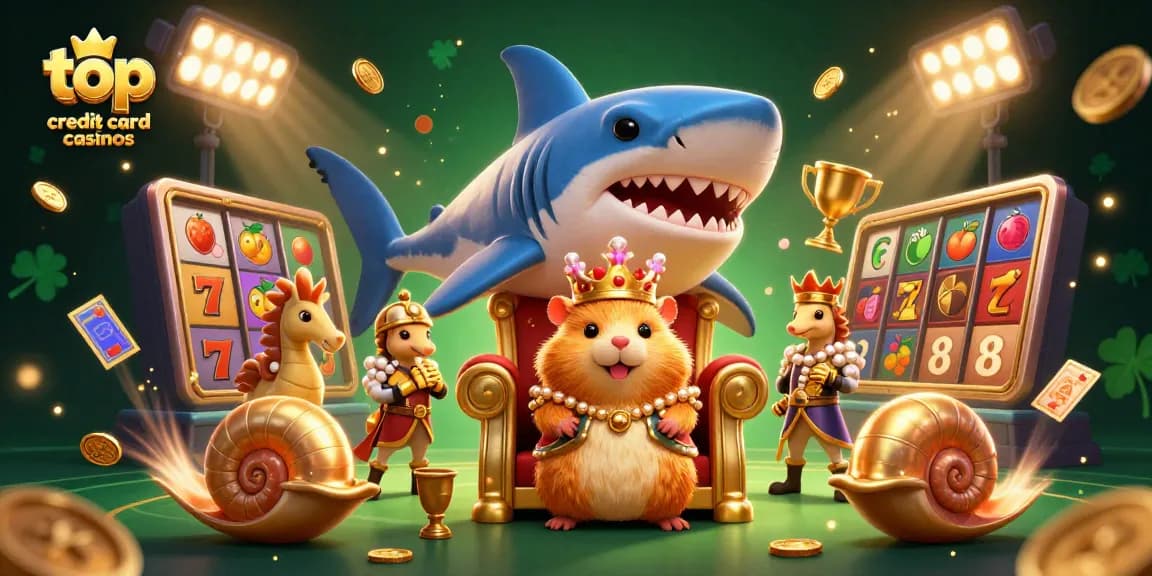 Enjoy the excitement at top credit card casinos with slot reels and a golden hamster king.