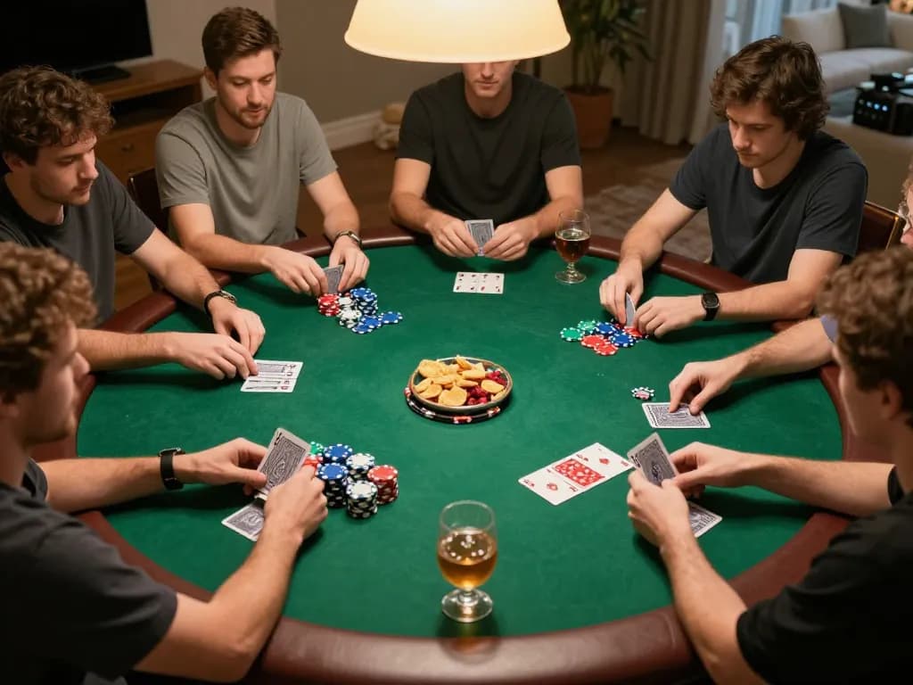 Engaged players at a Go8 poker night strategizing their moves around a vibrant green felt table.