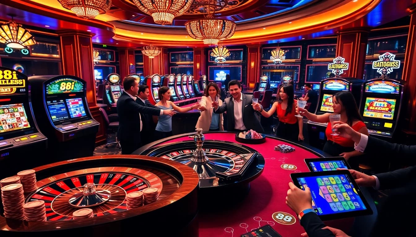 Players engaging in thrilling games at 88i Casino, with poker chips and roulette wheels showcased.