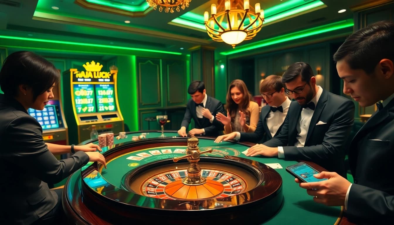 Gambling excitement with professional players and raja luck login on smartphones at a luxury casino.