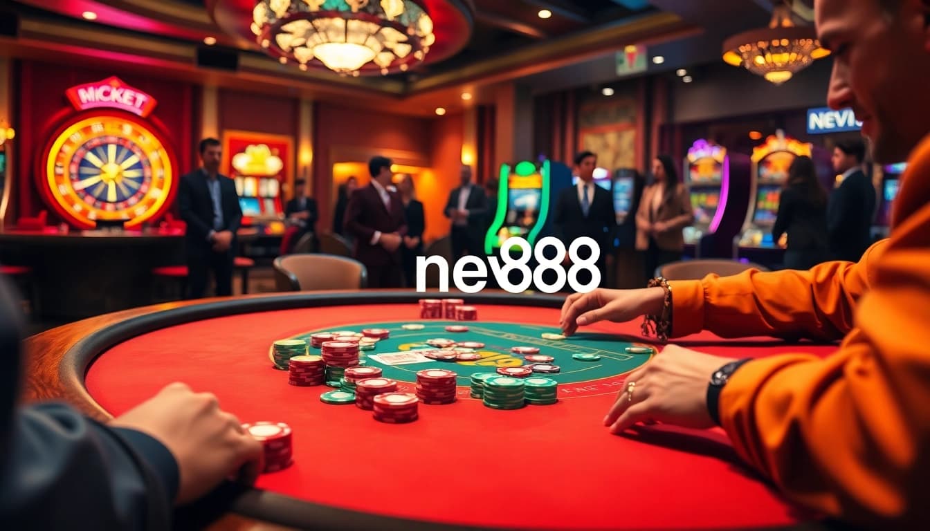 Engaging scene of a high-stakes poker table at new888 casino, showcasing excitement with chips and cards.