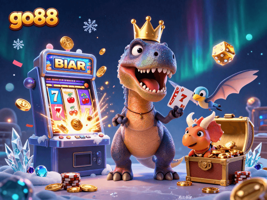 Experience go88 with a fun T-Rex shuffling cards and friends in a lively casino scene.