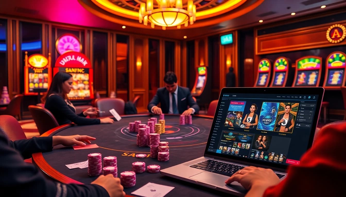 Sao789's vibrant online casino scene with excited players at a poker table and colorful slot machines.