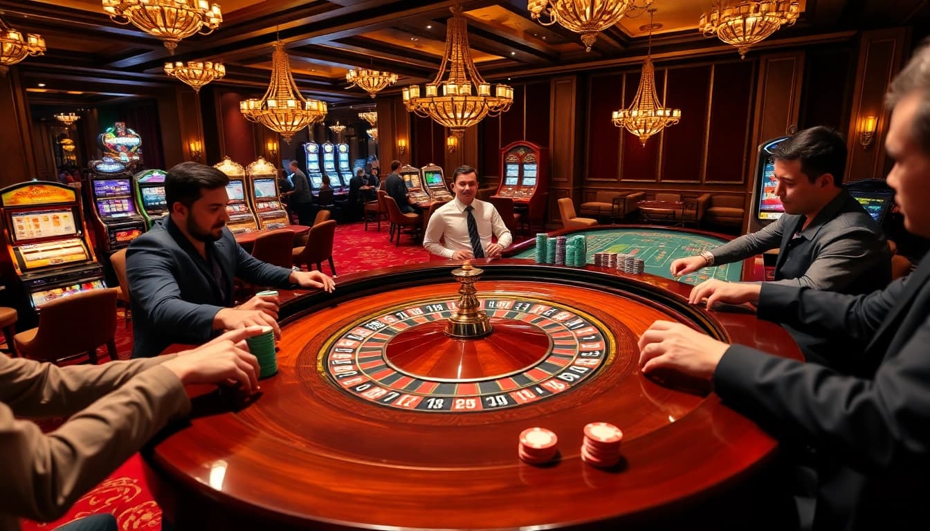 The excitement of seamless gambling at a roulette table in a luxurious casino featuring lively players amid a vibrant 링크모음 atmosphere.