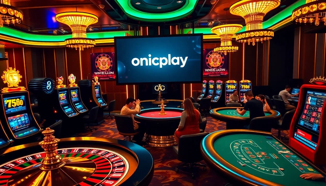 Experience the thrill of gaming with Onicplay, showcasing lively slot machines and poker tables.