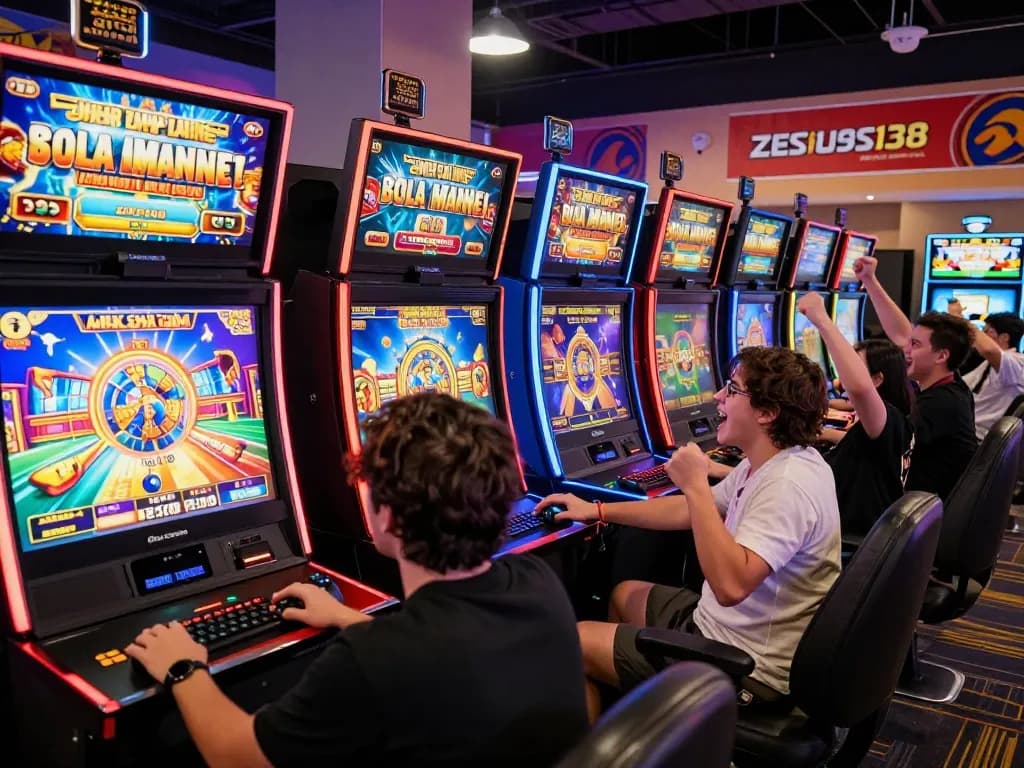 Exciting online gaming atmosphere with players enjoying zeus138 slot games and celebrating wins.