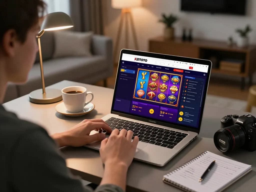 Player engaging with KDTOTO online gambling site from home, showcasing vibrant slot games and strategic betting notes.