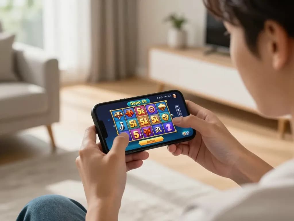Engaging gameplay on slot depo 5k app, mobile gaming experience in a cozy home setting.