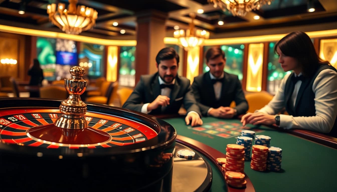 Exciting scene of gamblers strategizing on a trang web cá cược with poker chips and a roulette wheel.
