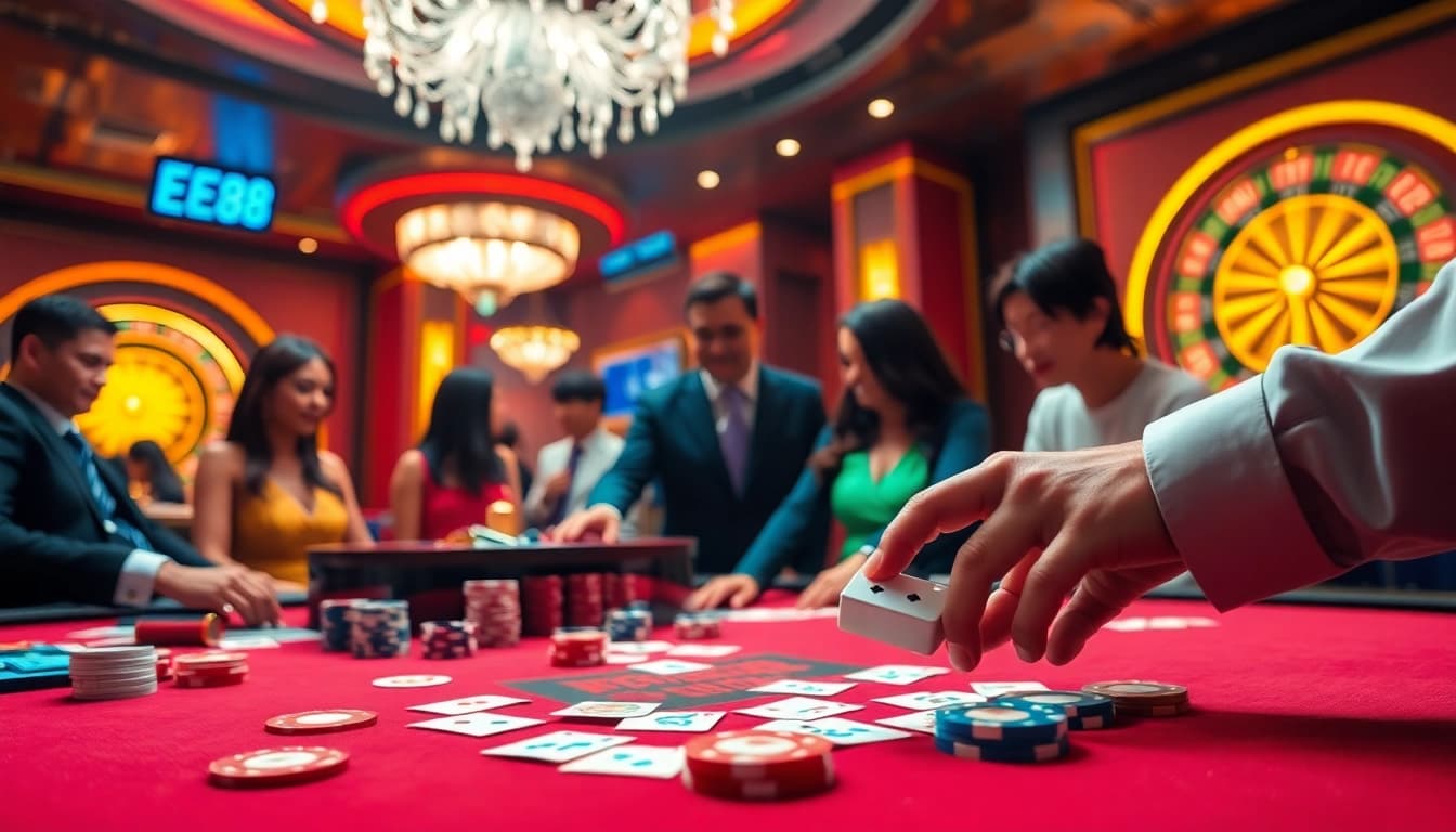 Experience thrilling gaming at EE88 with casino tables, vibrant chips, and engaging players.