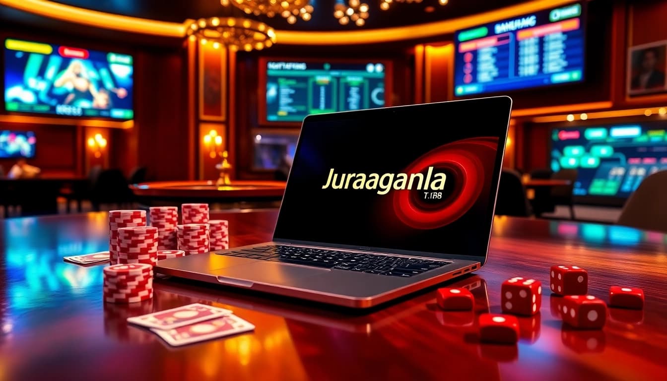 juraganbola platform displaying strategic poker bets with vibrant casino chips and roulette wheel in action