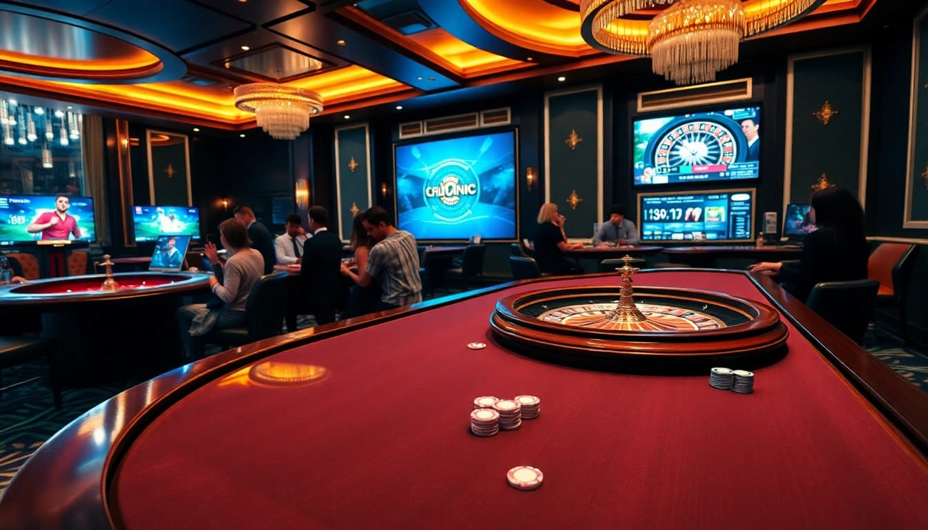 A lively casino scene showcasing the excitement of go99.jp.net with players at a poker table and roulette wheel.