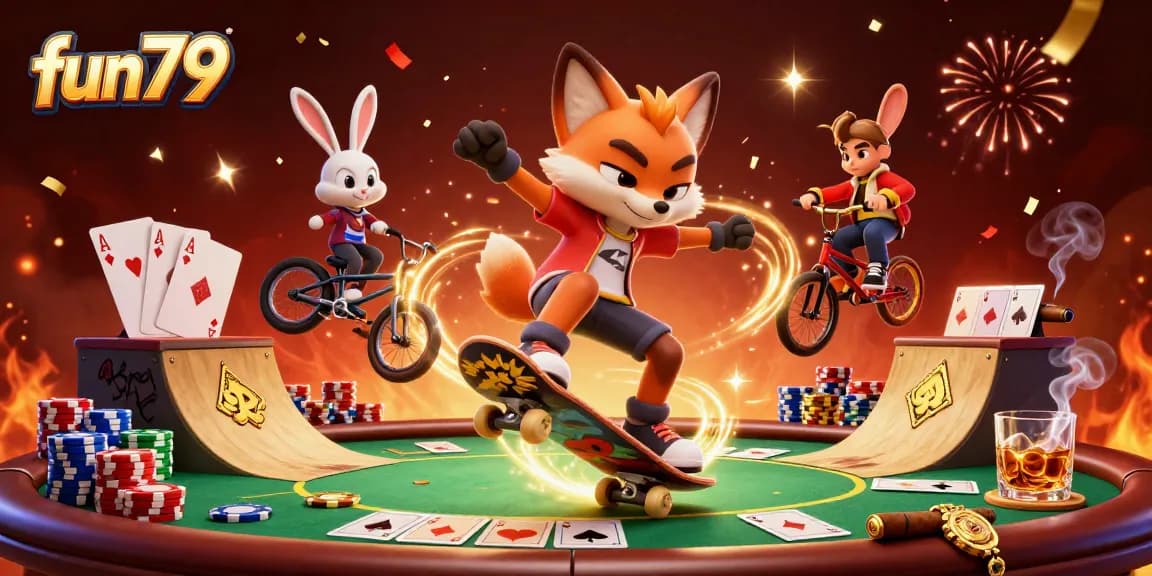 Experience fun79 through a dynamic 3D scene with gaming characters and vibrant casino elements.