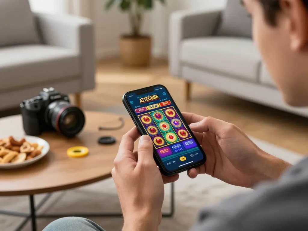 Engaging with AZTEC888 mobile app for online slot gaming in a cozy home setting.
