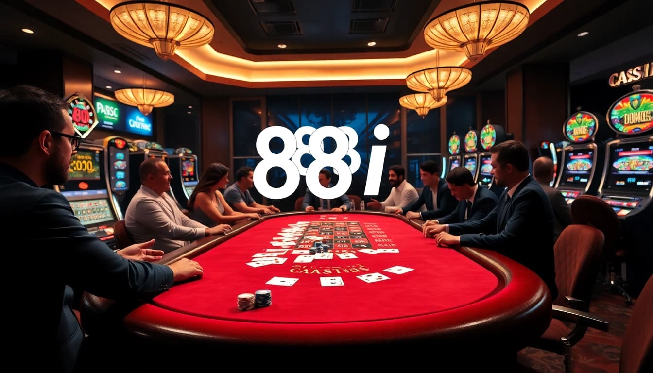 Players enjoying a thrilling game at the 88i casino table with vibrant slot machines.