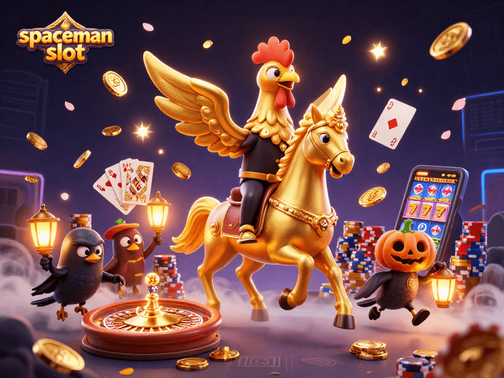Experience the thrilling spaceman slot action with golden rooster and casino elements.