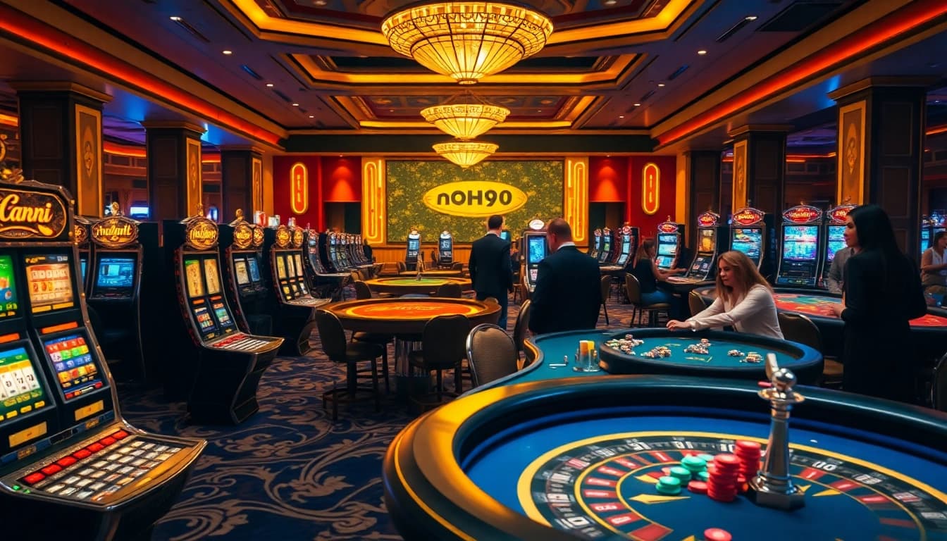Play exciting games at nohu90, featuring vibrant casino tables and engaging slot machines.