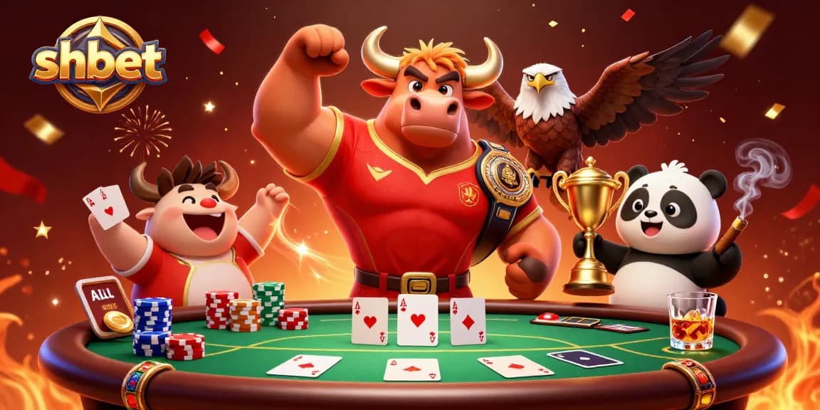 Engage with shbet as a muscular bull, eagle, and panda celebrate casino victories.
