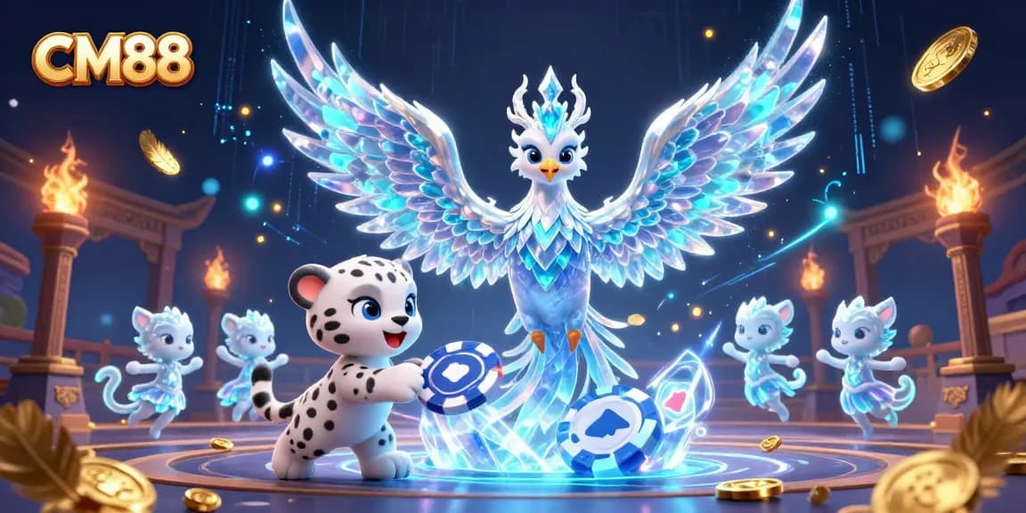 CM88 engages players with a vibrant scene featuring ice phoenix and glowing sprites in a dynamic casino setting.